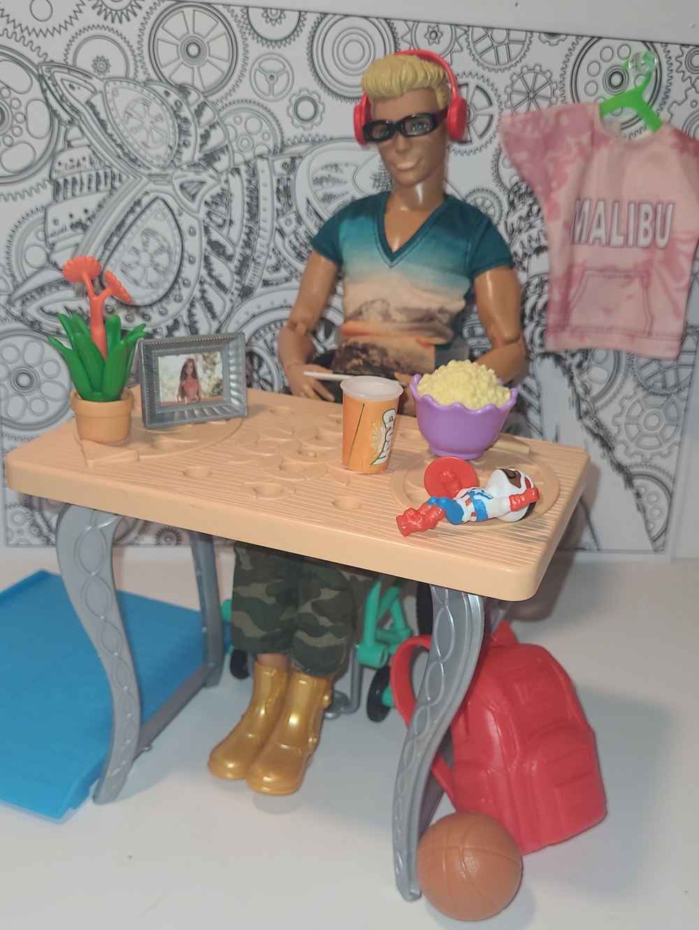 Barbie articulated Ken Doll in wheelchair Set ,Gold Boots, Green Shirt & Pink